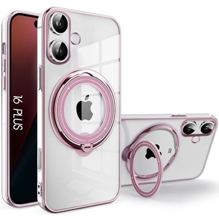 Skal för iPhone 16 Plus, stötsäkert silikonskydd med rosa kontur och magnetiskt stöd