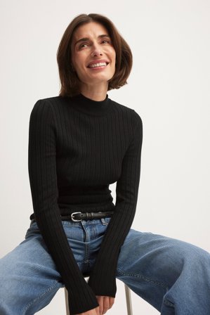 NA-KD Brett ribbstickad långärmad topp - Långärmade t-shirts - Svart - XXS