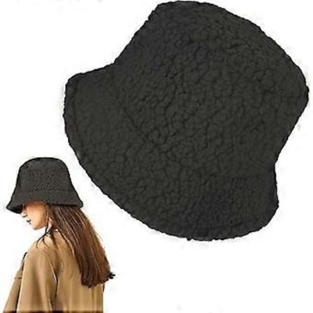 Vinter Fluffy Bucket Hat Fluffy Varm Lodden Pels Bucket Hatter Vinter Varmere Fiskelue Lammeull Fiskeluer for Kvinner (Svart)