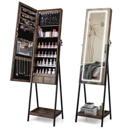 COSTWAY vapaasti seisova korukaappi - täyspitkä peili, 3 värillistä LED-valoa, kosketuskytkin, lukittava ovi - ruskea