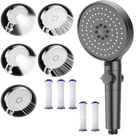 Dusjhode med vannfilter og vannstoppflaske, håndholdt dusj