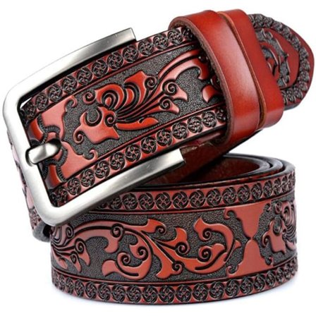 Læderbælte med spænde, blomstermønster, til mænd