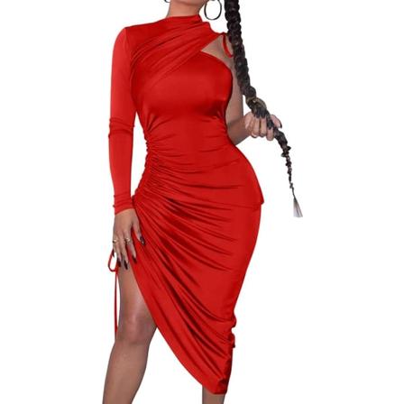 Sexig Bodycon en axel långärmad dragsko för kvinnor, rynkig festklänning