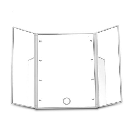Tri-Fold Kosmetisk Smink Spegel Resa Kompakt Fick Spegel med 8 LED-lampor Batteri Inkluderat - Vit
