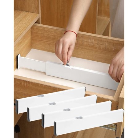 Skuffeskiller (sett med 4) Justerbare skuffesorterere, (38-54,2 cm) Kjøkkenskuffeskiller for soverom, skuff, kontor