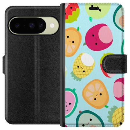 Kompatibelt Lommeboketui til Google Pixel 10 Mønster av kawaii-frukter som jordbær sitron ananas og avocado på lyseblå bakgrunn