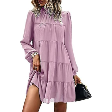 2023 Dame Vår Sommer Langermet Volanger Mock Neck Tiered Mini Babydoll Kjole Casual Swing Tunika Shift Kjoler