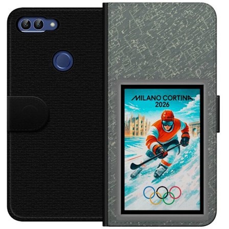Yhteensopiva Lompakkokotelo Huawei P smart Curlingkuvitus pelaajilla ja kivillä jäällä, Milano Cortina 2026, lumisia roiskeita ja olympiasormukset