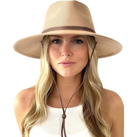 Sommarstråhatt för damer, bredbrättad Panama Fedora strandhatt med vindsnöre