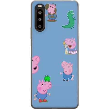 Kompatibelt Mobildeksel til Sony Xperia 10 II Peppa Pig ansiktsmønster på lys blå bakgrunn, gjentatt leken barndommotiv med Greta Gris