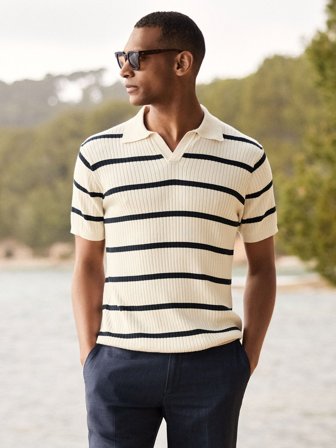 John Henric Men's Cremeweiße Rippstrick-Poloshirt Baumwolle Size M