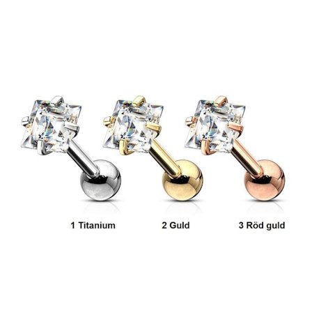 3 Tragus/Cartilage Piercingar i IP-316L stål 4,7 mm Fyrkant CZ