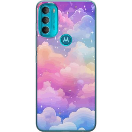 Kompatibelt Mobildeksel til Motorola Moto G71 5G Søt enhjørning med regnbuefarget hår mot en stjernebelagt pastellbakgrunn i kawaii-stil