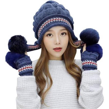 Strikket damehue med kvast og handsker