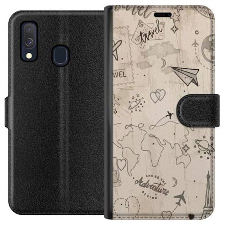 Kompatibelt Lommeboketui til Samsung Galaxy A40 Handritat reseinspirerat mönster med världskarta flygplan hjärtan och äventyrstema i vintage stil