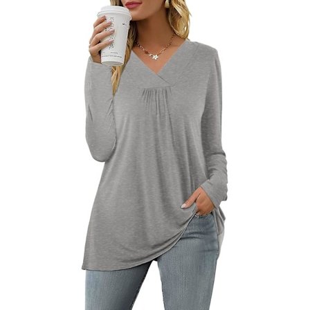 Dame Casual Topper V-hals T-skjorte Kort/lang Erme Plisserte Longine Skjorter