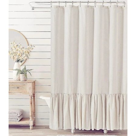 NA/Rustikt duschdraperi med volanger, duschdraperi i linneblandning för badrum, natur, 183 x 183 cm