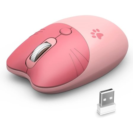 Kompakt och tyst trådlös mus med söta kattmotiv, 2,4 GHz trådlös optisk mus, redo att användas, med USB Nano-mottagare, Rosa katt