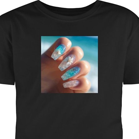 Børne T-shirt Blå negle med glitter og blomst - Havinspireret negledesign