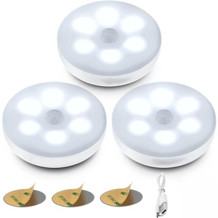 (Pakke med 3) Indendørs lys med bevægelsessensor, genopladeligt USB-natlys, LED-skabslys med magnetisk sugekop (hvidt lys)