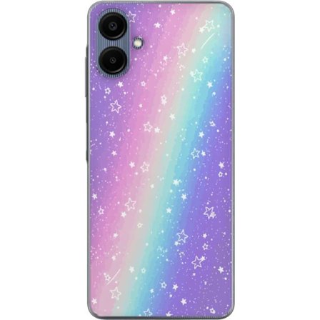 Kompatibelt Mobildeksel til Samsung Galaxy A06 Rainbow-farget pastellbakgrunn med hvite stjerner og gnistrende prikker i myk overgang