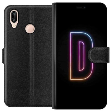Yhteensopiva Lompakkokotelo Huawei Huawei P20 lite Minimalistinen neonkirjain D väriä vaihtavassa valossa mustaa taustaa vasten modernissa digitaali