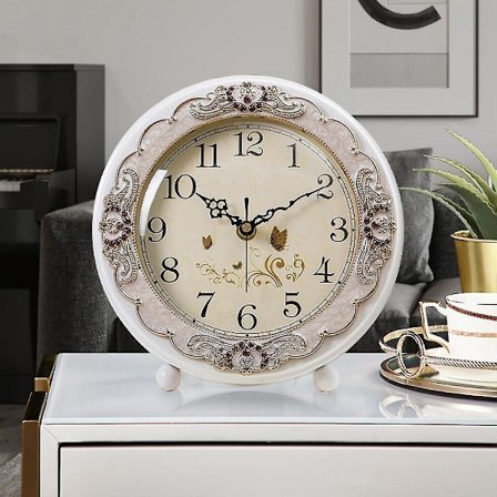 Vintage bordklokke, retro stillegående europeisk stil ved siden av mantelur batteridrevet stille kvartsbevegelse for soverom (hvit)