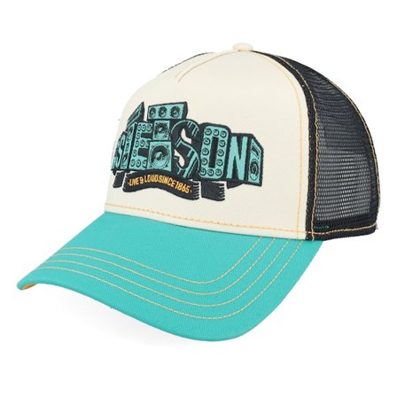 Stetson - Wit trucker Cap - Soundbox Turquoise/Beige A-Frame Trucker @ Hatstore
