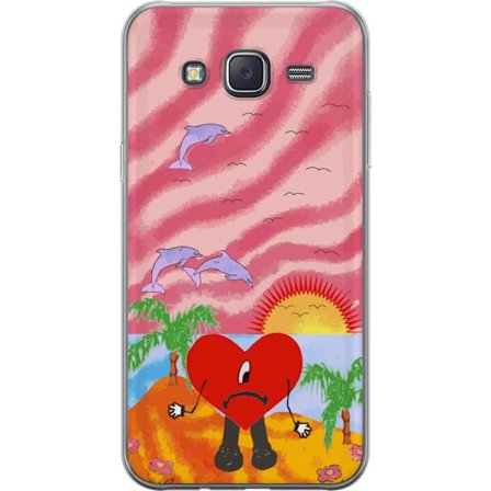 Kompatibel Mobilcover til Samsung Galaxy J5 Bad Bunny i en farverig quiltet jakke med hjertemønster og solbriller i moderne gade stil