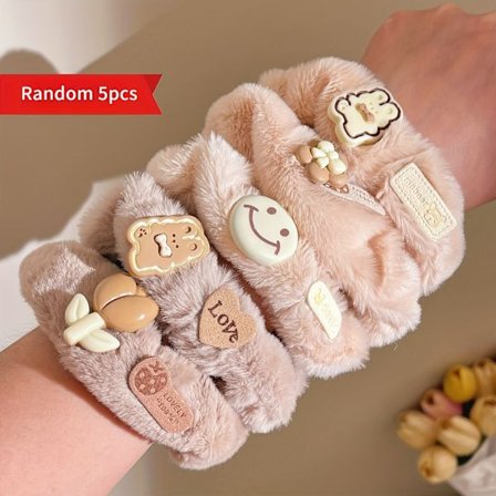 Setti, jossa 5 eleganttia sarjakuva-aiheista karhu- ja pupu-pehmohiuspantaa - Pehmeää flanellia, korealaisia monikäyttöisiä hiustarvikkeita, 