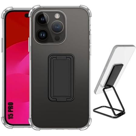 Cover til iPhone 15 Pro Gennemsigtig silikone stødsikker forstærkede hjørner med foldbart sort stativ