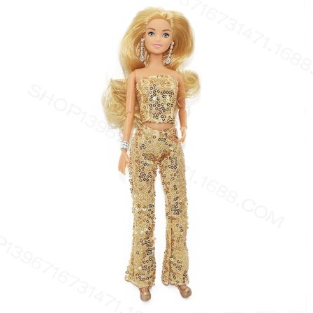 Barbie Filmen Dukke, Margot Robbie som Barbie, Samlerdukke iført Gylden Disco Jumpsuit med Glatte Krøller og Gyldne Hæl