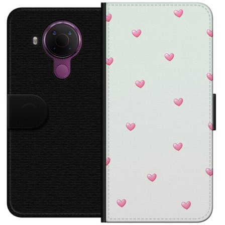 Yhteensopiva Lompakkokotelo Nokia Nokia 5.4 Minimalistinen kuvio vaaleanpunaisilla sydämillä vaalealla taustalla, suloinen ja yksinkertainen muotoil