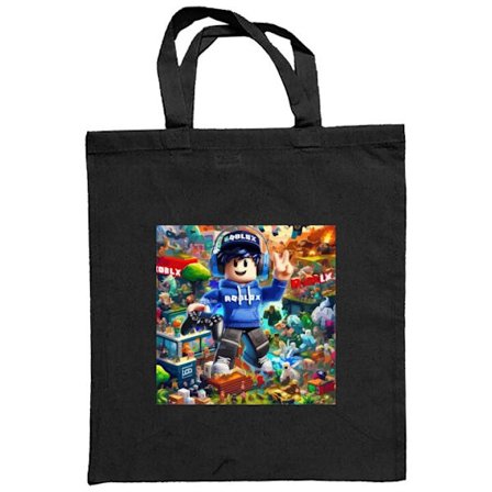 Stoffpose Livelig spillverdensinspirert illustrasjon med smilende blokkfigur i forgrunnen, fargerik fantasimiljø fylt med miniatyrkarakterer, bygninge