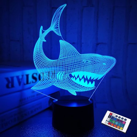 Haj 3D Illusion Nattlampa Djur Touch Bordsslampa, med Fjärrkontroll 16 Färger Optisk USB LED Nattlampa för Barn Semesterpresent