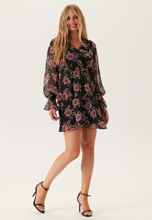 BUBBLEROOM V-neck Frill L/S Chiffon Dress Black/Patterned 40