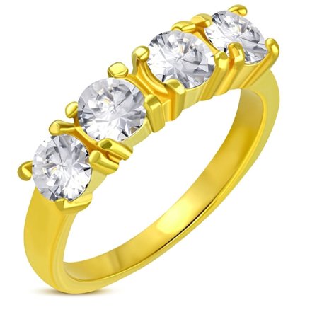 Guldpläterad Ring i Kirurgiskt Stål 316L i Guld Färg med 4 st Klara CZ Kristaller - Stl 17,32