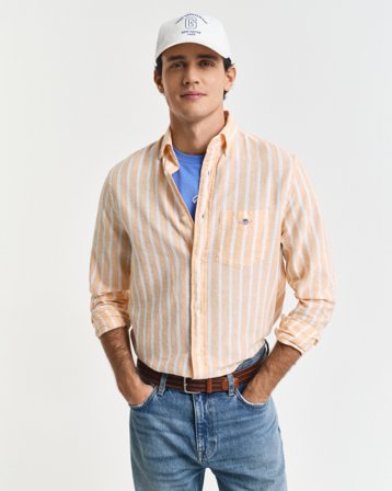GANT Herren Regular Fit Hemd mit Streifen aus Baumwolle und Leinen (XL) Orange