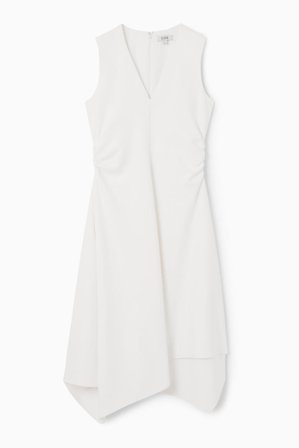COS Damen Asymmetrisches Midikleid Mit Raffungen - Weiss