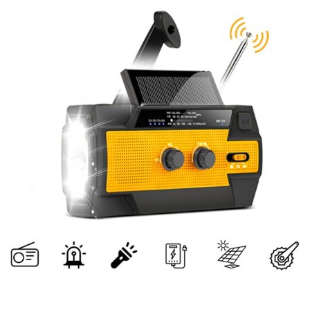 Nødradio, 4000mah vejrradioer med håndsving solladning, 3 gear LED lommelygte, sos alarm, bærbar powerbank(orange)