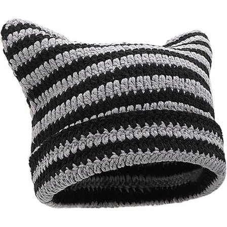 Strikket hue med katteører, foldbar kant, vinterhue til kvinder, udendørs sport, sort- og hvidstribet