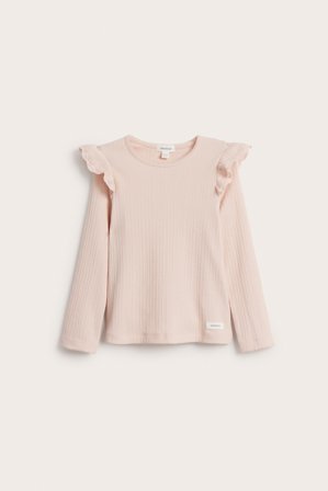 Newbie | Ribbestrikket topp med volanger | Lyserosa