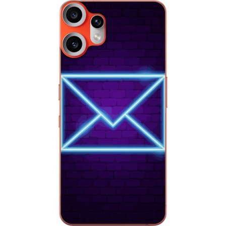 Yhteensopiva Puhelinkuori Nothing Nothing CMF Phone 2 Pro Neonilta illuustraatio kirjekuoresta sinisessä valossa lila tiiliseinää vasten, nykyaikai