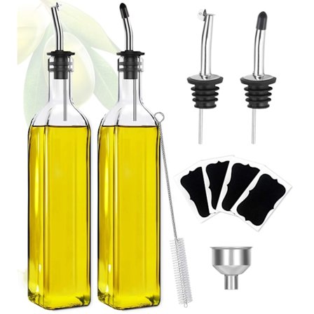 Olivenolie og eddike dispenserflasker, 17 oz/500 ml, firkantede høje glasoliebeholdere med 2 hældetude i rustfrit stål (til køkkenbrug, sæt med 2)