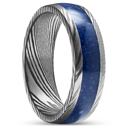 Fortis | 7 mm Anillo de acero de Damasco gris y plateado con incrustación de lapislázuli para hombres - Anillos de acero