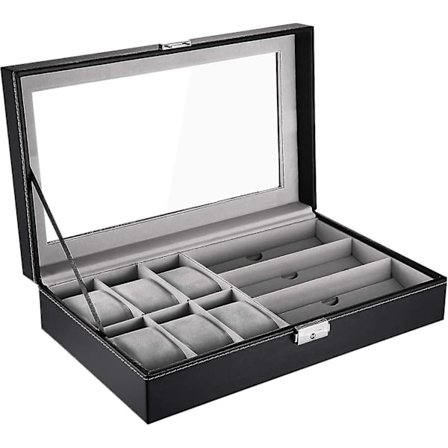 Urkasse Briller Oppbevaringsboks, Syntetisk Lær Ur Visningsboks Solbriller Organizer Låsbar