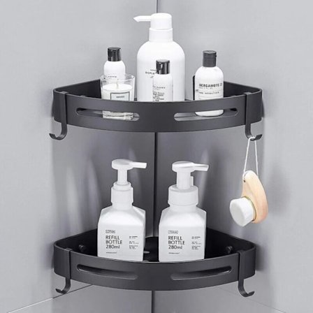 Hjørne Dusjhylle uten Boring Luftfart Aluminium med 2 Kroker for Dusj Anti-Rust Holder Selvklebende for Baderom Artikler 2 Stykker (Svart)