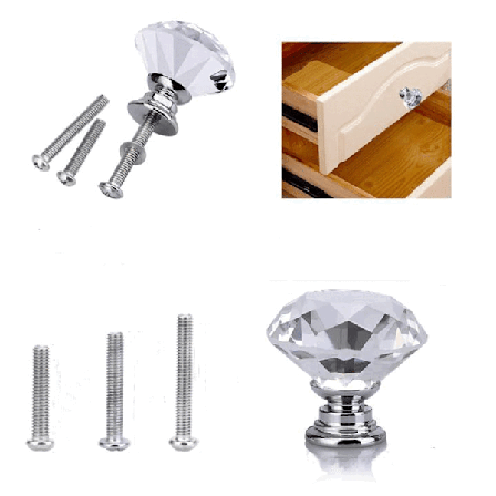 Krystallglass dørhåndtak Diamantslipte skuffetrekk for skap Skap Skuffer Hjemmedekor med 3 skruelengder (Sølv)