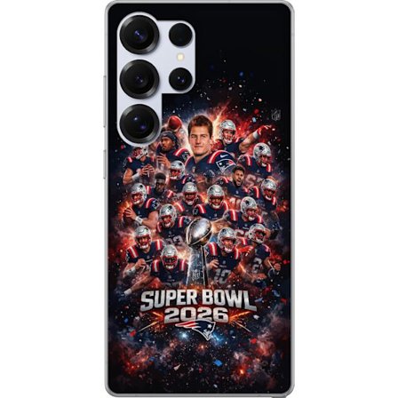 Yhteensopiva Puhelinkuori Samsung Galaxy S25 Ultra Super Bowl 2026 juliste, jossa New England Patriots ja NFL-mestaruuspalkinto räjähtävän urheilullis