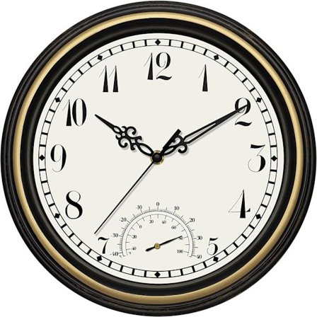 Vanntett veggklokke for innendørs og utendørs bruk med termometer, retro stillegående klokke uten tikking, rund klokke for hage, uteplass, bad, hjem (